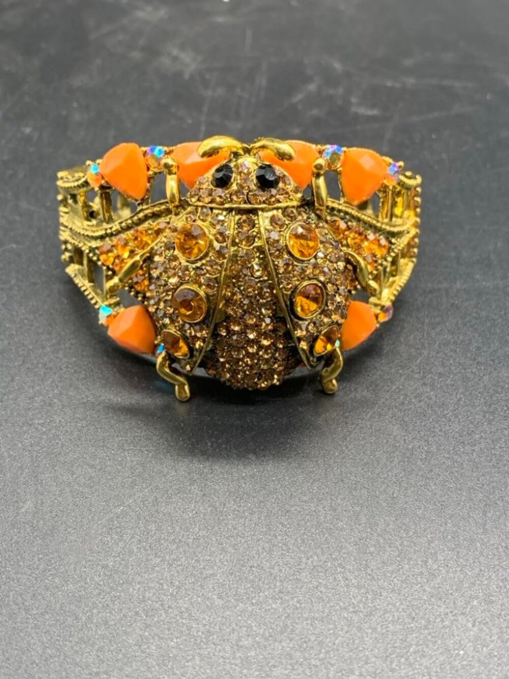 Vintage Lady Bug Pave Crystal Rhinestone Hinged Cuff Bracelet